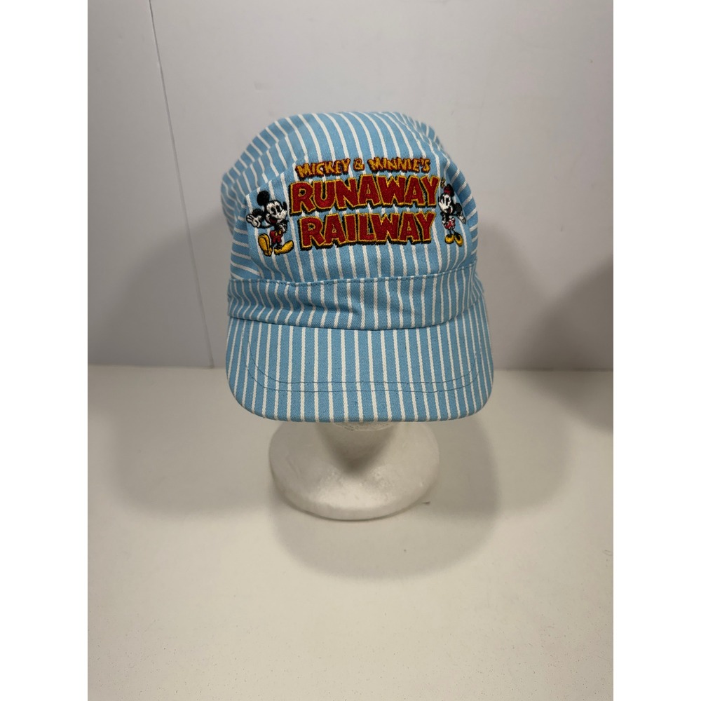 Disney Parks Mickey & Minnies Runaway Railway Conductor Hat Blue White Stripe